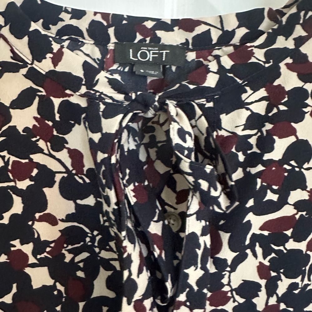 LOFT Navy and Cream Leaf Print Blouse - Picture 6 of 6